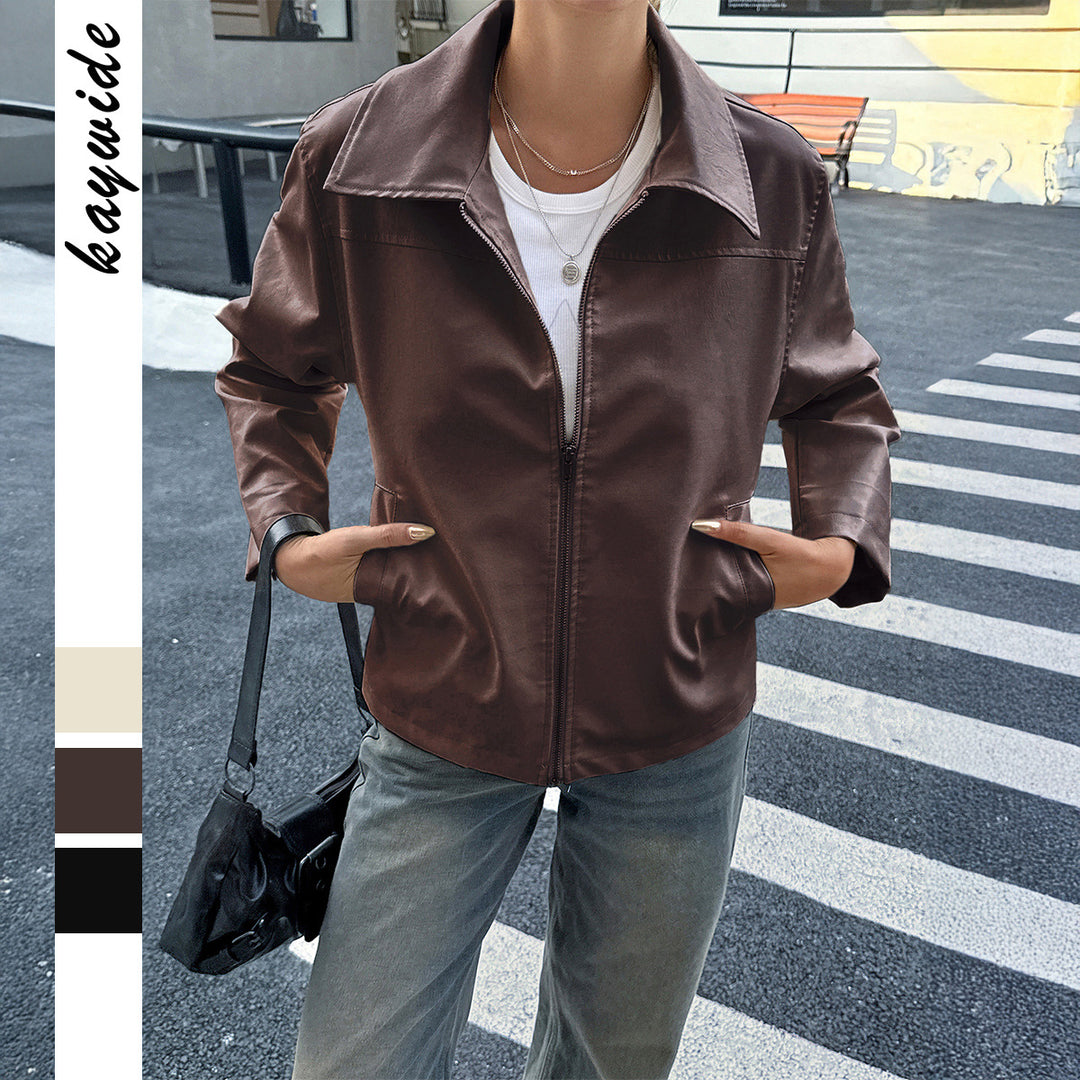 Damen elegante Kunstlederjacke mit Reißverschluss, Hemdkragen und Eingrifftaschen – Célinea