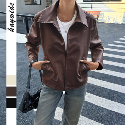 Damen elegante Kunstlederjacke mit Reißverschluss, Hemdkragen und Eingrifftaschen – Célinea