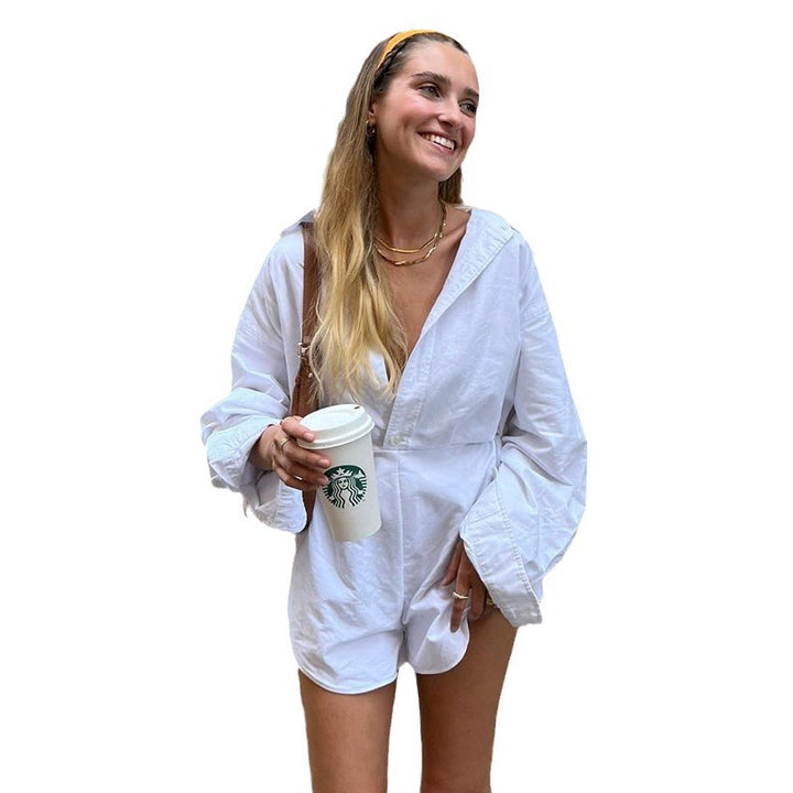 Damen nan taillierter Hemd‑Romper mit Langarm, verdeckter Knopfleiste und figurformender Taille Echo Archiv