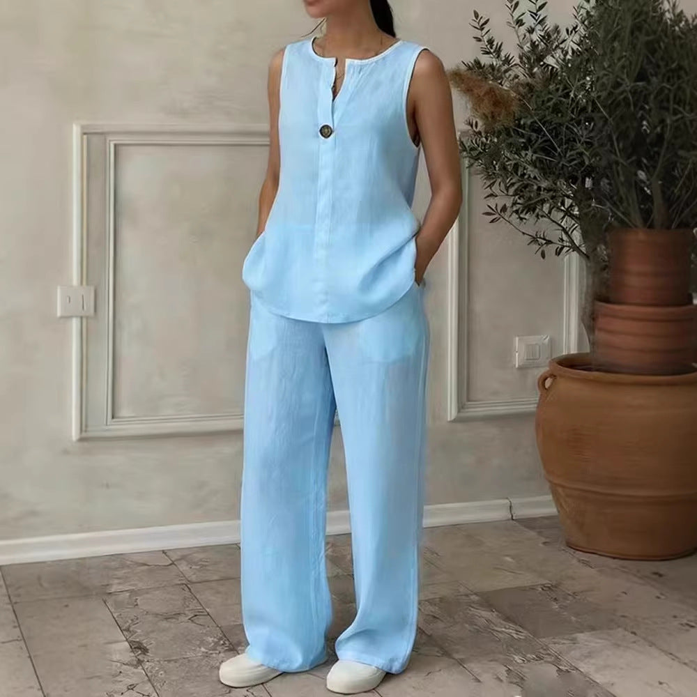 Damen Leinen Set mit elegantem Knopfdetail Echo Archiv