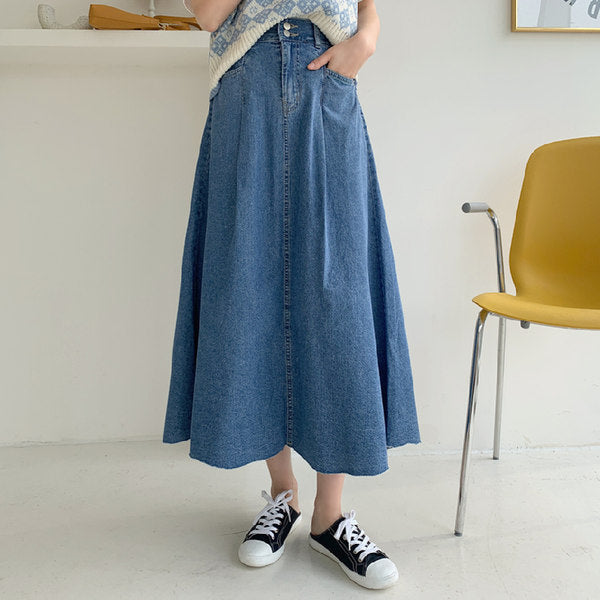 Damen Langer Jeans-Culotte-Rock mit hoher Taille, kastiger A-Linien-Silhouette und Eingrifftaschen – Dénora