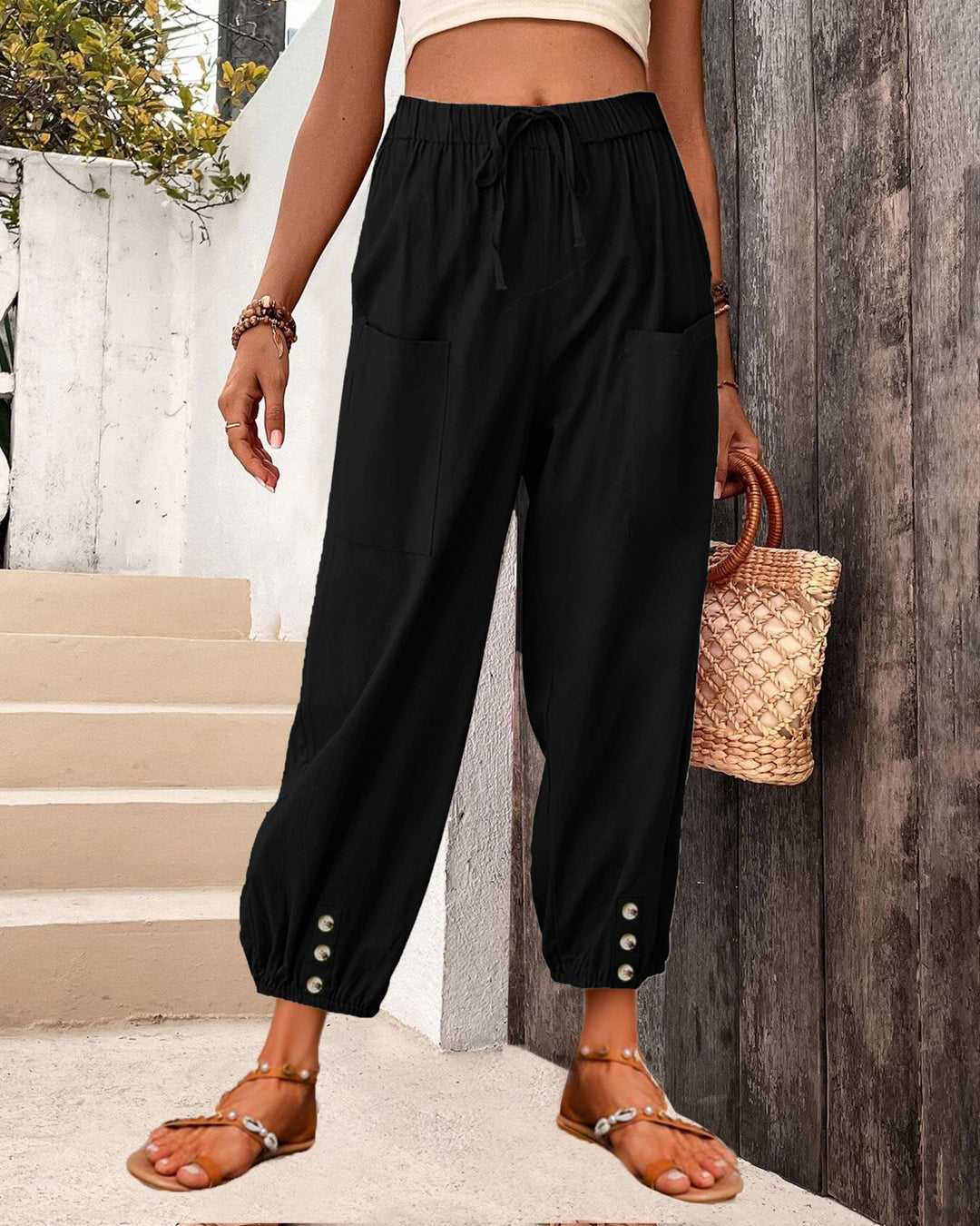 Damen Leinenlook Loungehosen mit hohem elastischem Taillenbund, Kordelzug, aufgesetzten Taschen und geknöpftem Saum – Avélisse
