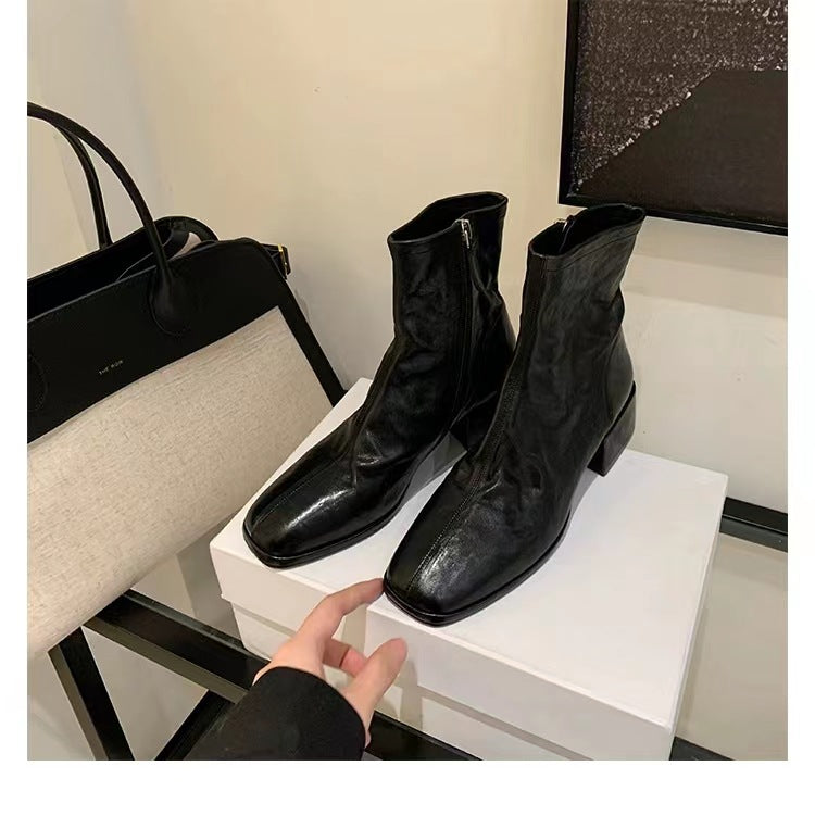 Damen knöchelhohe Glattleder-Stiefelette mit mittlerem Blockabsatz und seitlichem Reißverschluss Echo Archiv