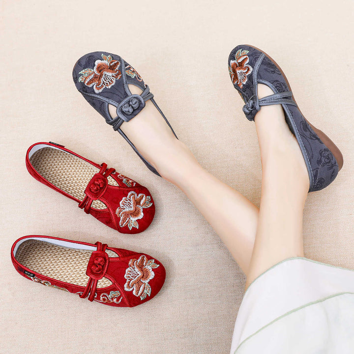 Damen nan bestickte Mary-Jane Slipper mit chinesischem Knotenverschluss und orthopädischer Komfortsohle Echo Archiv