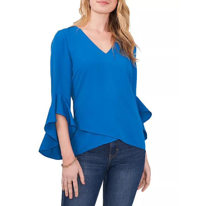 Damen Chiffon-Bluse mit V-Ausschnitt, asymmetrischem Saum und Volant-Ärmeln – Avérine