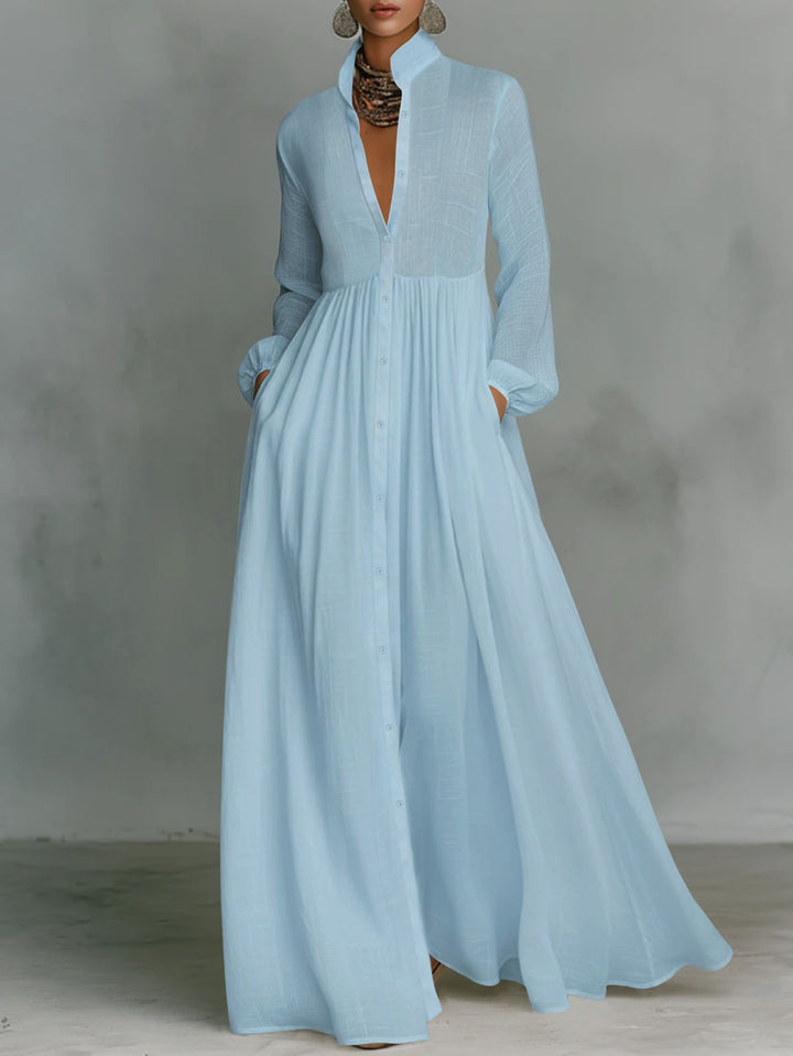 Damen Maxikleid mit Stehkragen, durchgehender Knopfleiste, taillenhoher Raffung und Eingrifftaschen – Valéora