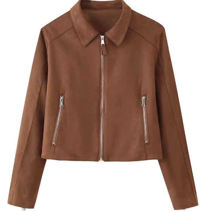 Damen Gekürzte Velourslederjacke mit Hemdkragen, durchgehendem Metallreißverschluss und Zipper-Taschen Echo Archiv