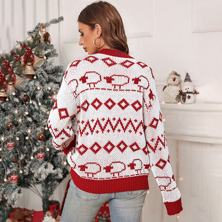 Damen Festlicher Jacquard-Pullover mit Schafbordüre und gerippten Bündchen Echoarchiv