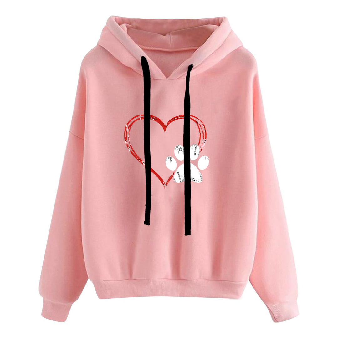 Damen lässiger Oversize Kapuzenpullover mit Herz‑und‑Pfotenprint, Kordelzug und gerippten Bündchen – Auréline