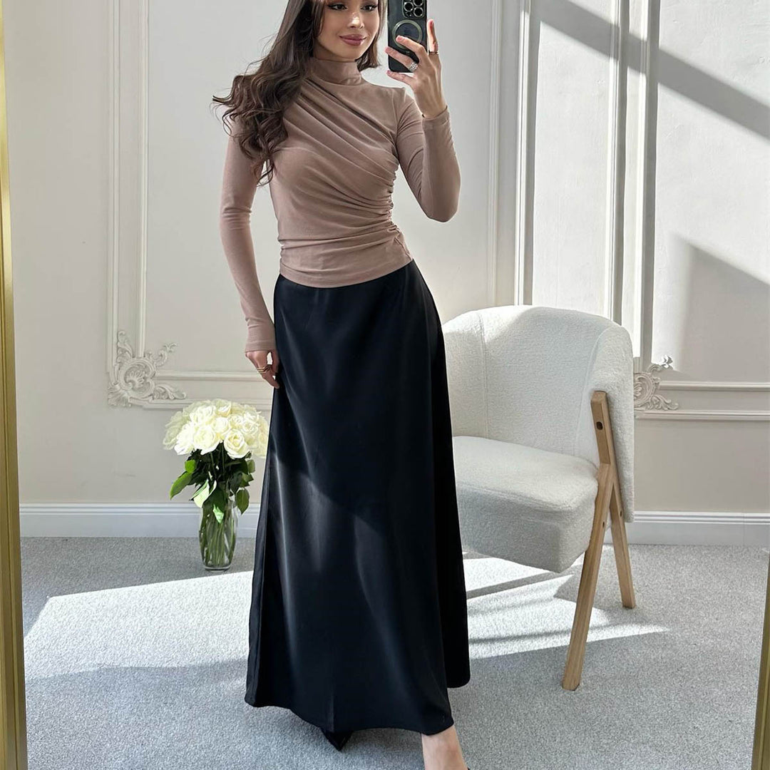 Damen Fitted Langarmshirt mit Stehkragen und seitlicher Raffung Echoarchiv