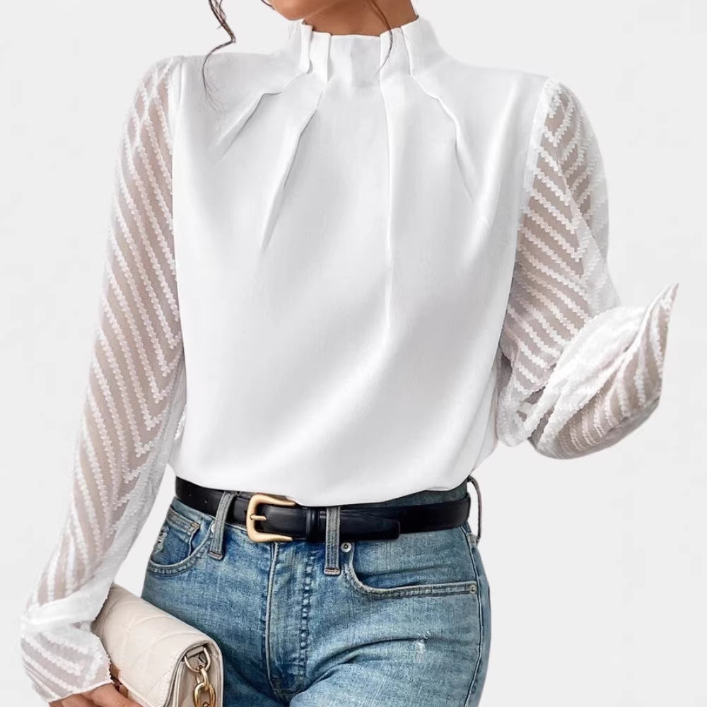 Damen Elegante Chiffonbluse mit Stehkragen, Faltenkante und transparenten Jacquard-Ärmeln – Élovi