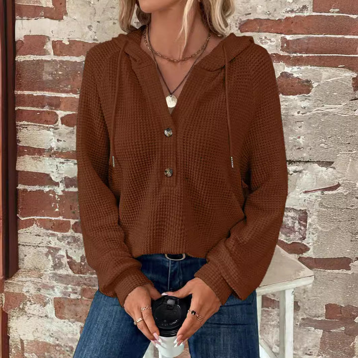 Damen Waffelstrick Kapuzenpullover mit Knopfleiste und Rüschenkragen Echoarchiv