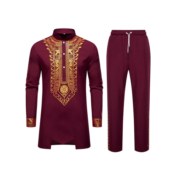 Herren Traditionelles Langarm-Kurta-Set mit Stehkragen, goldfarbenem Ornamentdruck und Tunnelzughose Echo Archiv