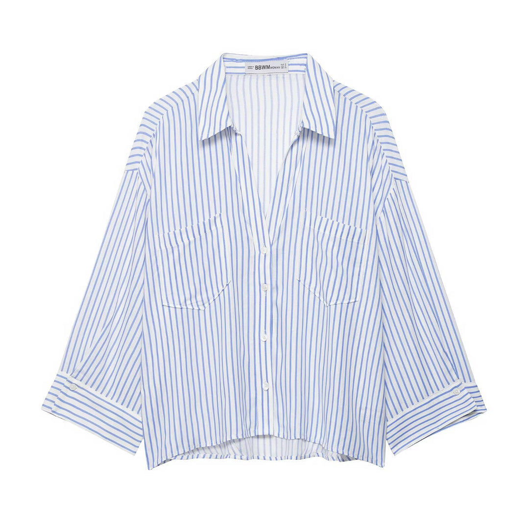 Damen Oversize-Hemdbluse mit feinem Streifenmuster, Brusttaschen und High-Low-Saum Echo Archiv