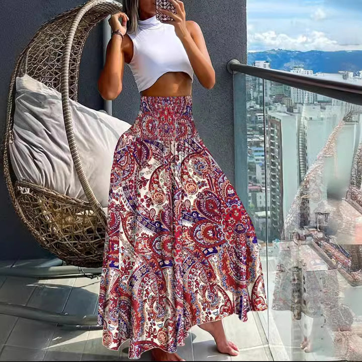 Damen Maxirock mit hohem Smockbund und weitem Boho-Print – Rosévia