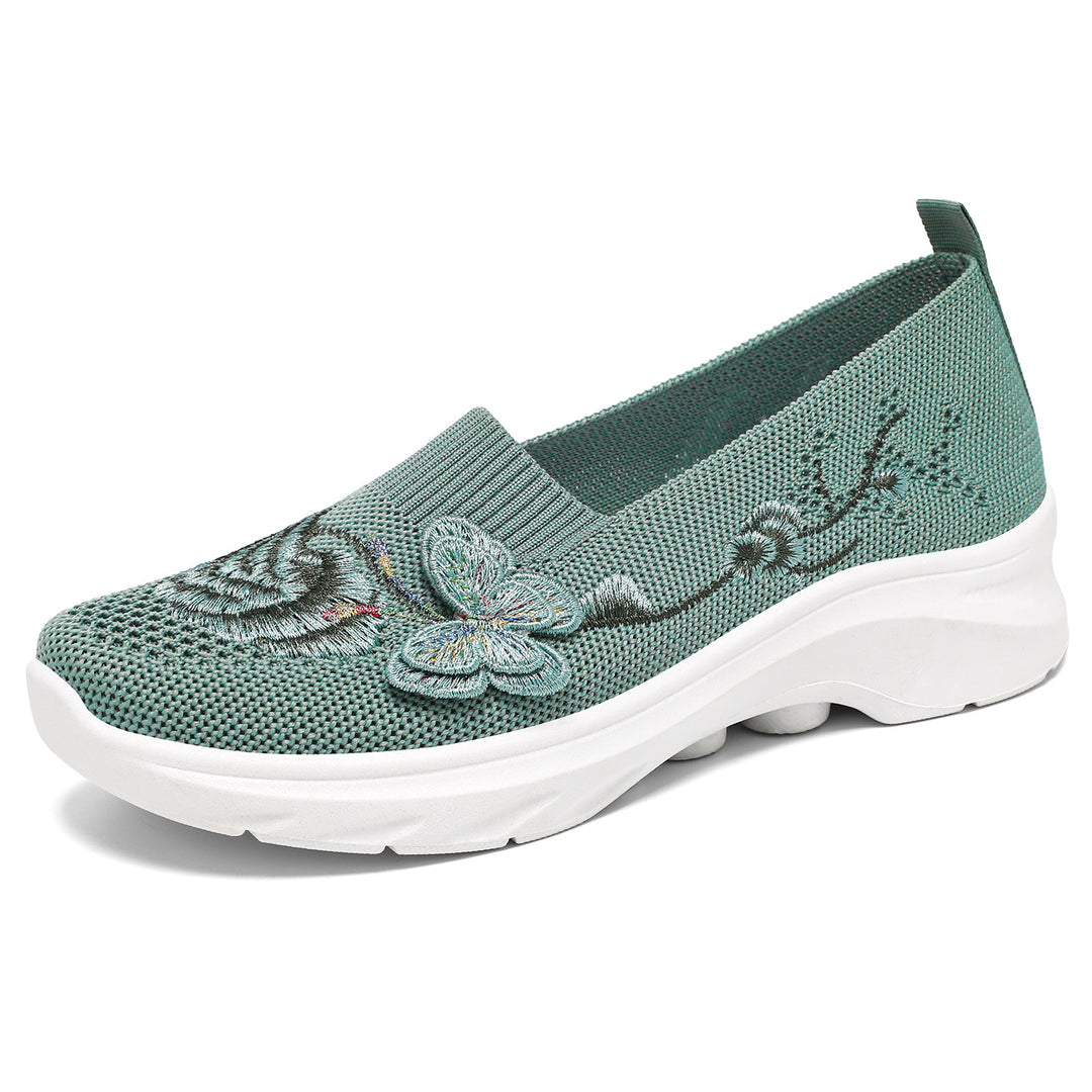 Damen nan gestrickte Slip-On Slipper mit Schmetterlings-Stickapplikation und dämpfender EVA-Plateausohle Echo Archiv