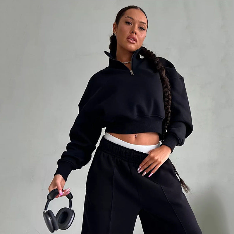 Damen Zweiteiliges Cropped-Halbzip-Sweatset mit Stehkragen und elastischer High-Waist-Jogginghose – Avérine