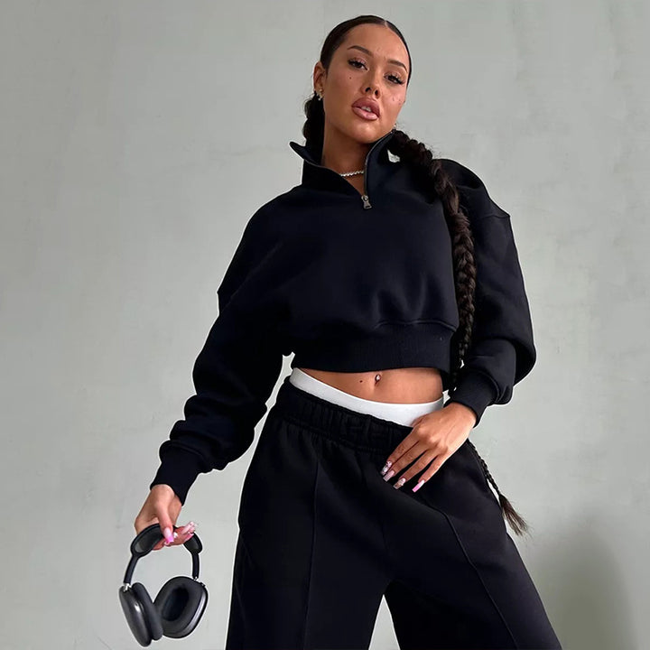 Damen Zweiteiliges Cropped-Halbzip-Sweatset mit Stehkragen und elastischer High-Waist-Jogginghose – Avérine