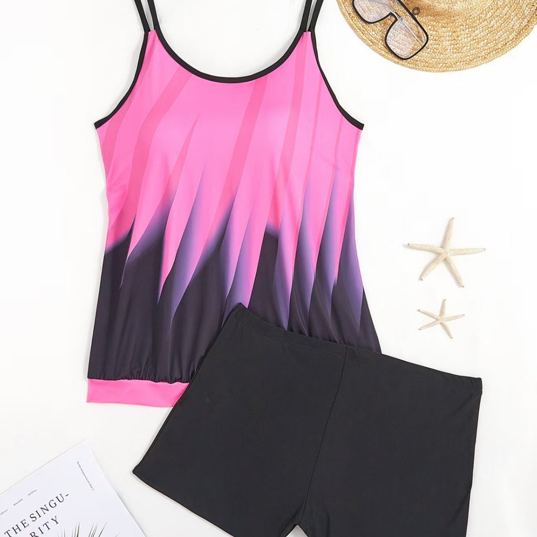 Damen Sportliches Tankini-Set mit farbenfrohem Oberteil und bequemen Shorts Echo Archiv