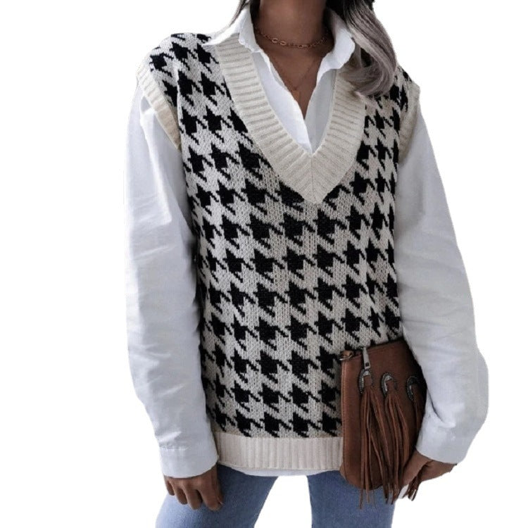Damen Oversize Strickweste mit Hahnentritt-Muster und V-Ausschnitt Echo Archiv