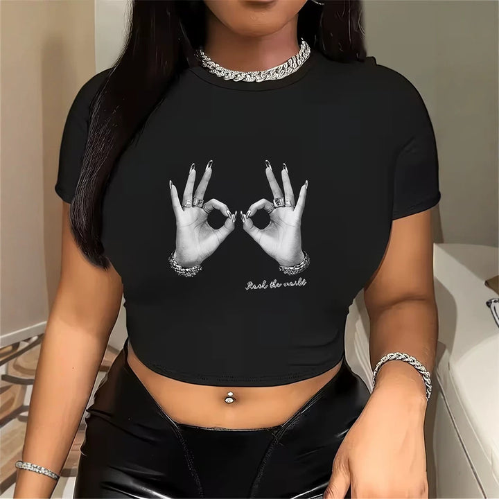 Damen cropped T-Shirt mit kreativem Handmotiv Echo Archiv
