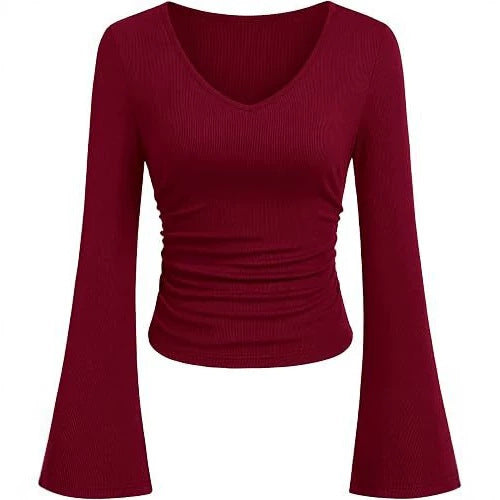 Damen Geripptes Cropped-Top mit V-Ausschnitt, taillierter Raffung und ausgestellten Trompetenärmeln – Orélia