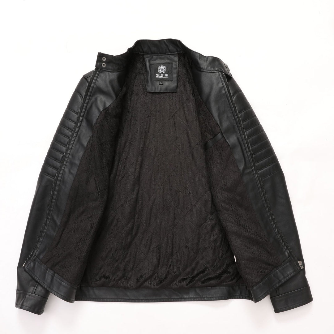 Herren Bikerjacke aus Kunstleder mit gesteppter Ärmelpolsterung, Stehkragen und Multi-Taschen Echoarchiv