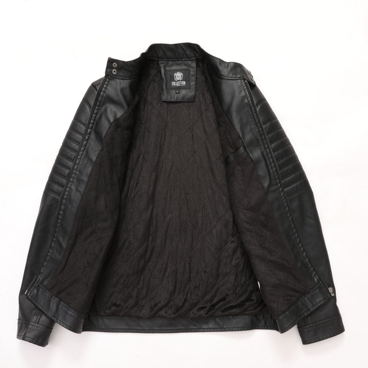 Herren Bikerjacke aus Kunstleder mit gesteppter Ärmelpolsterung, Stehkragen und Multi-Taschen Echoarchiv