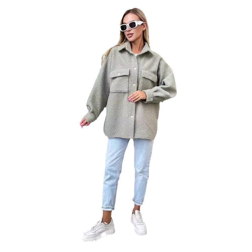Damen Oversized Teddy-Übergangsjacke mit Brusttaschen und Druckknöpfen Echoarchiv