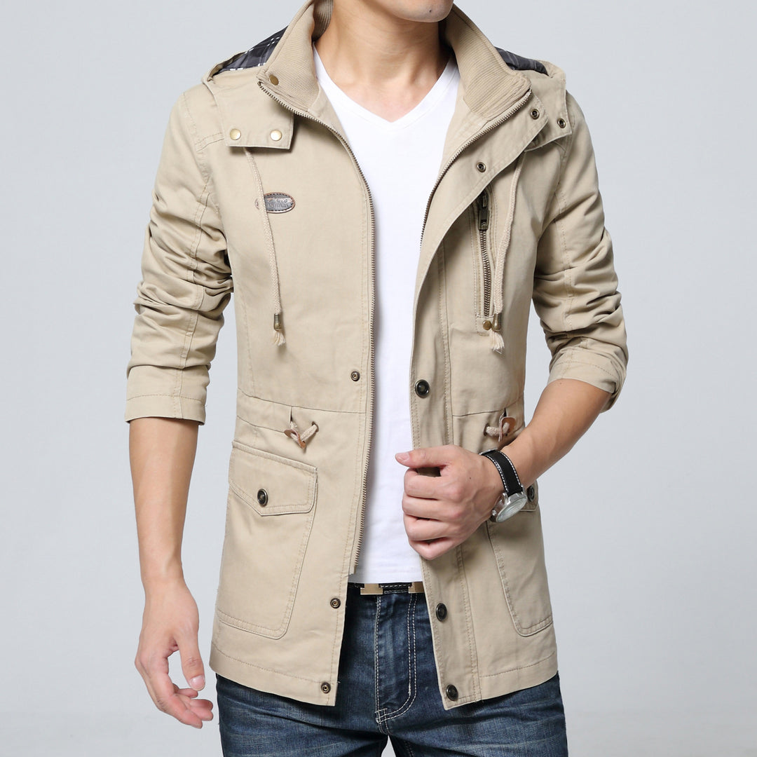 Herren leichter Baumwoll-Militärparka mit Kapuze, Kordzug-Taille und verdeckter Reißverschluss Echoarchiv