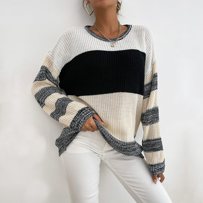Damen Oversize Strickpullover mit grobem Rippstrick, Blockstreifen und weitem Rundhalsausschnitt Echoarchiv