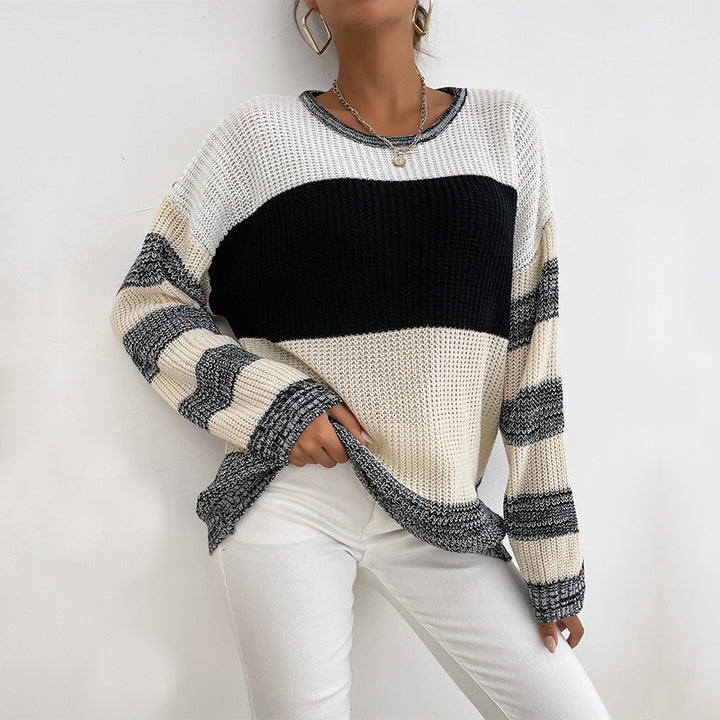 Damen Oversize Strickpullover mit grobem Rippstrick, Blockstreifen und weitem Rundhalsausschnitt Echoarchiv