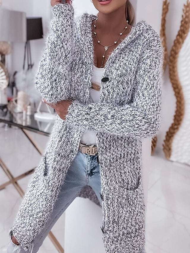 Damen Langer Mélange-Kuschelcardigan mit Kapuze, Hornknopf und Eingrifftaschen Echo Archiv