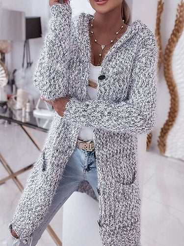 Damen Langer Mélange-Kuschelcardigan mit Kapuze, Hornknopf und Eingrifftaschen Echo Archiv