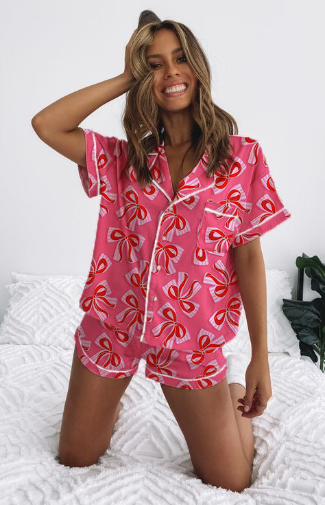 Damen Kurzarm-Pyjama-Set mit verspieltem Schleifenmuster Echoarchiv