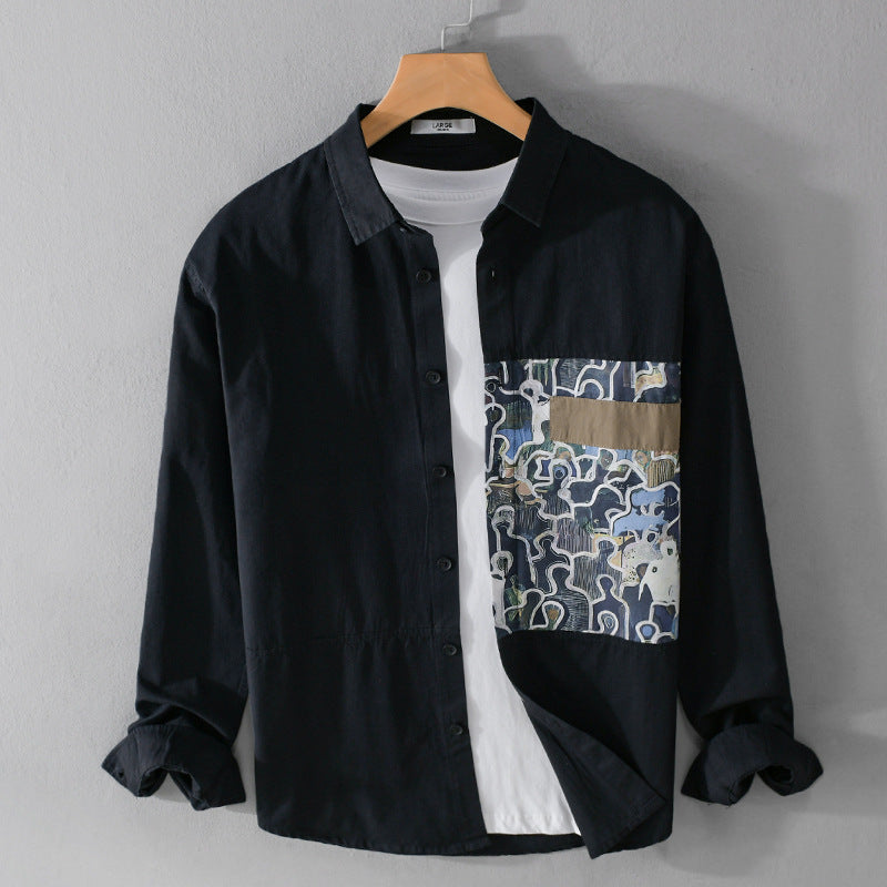 Herren Baumwollhemd mit großem Kunst-Print-Brustpatch und Kentkragen Echoarchiv