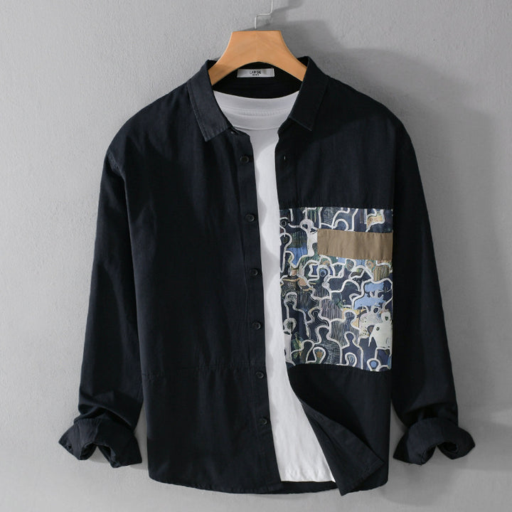 Herren Baumwollhemd mit großem Kunst-Print-Brustpatch und Kentkragen Echoarchiv
