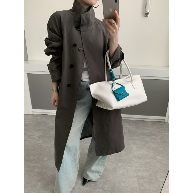 Damen Midilanger Trenchcoat mit hohem Stehkragen, Bindegürtel und lässiger Oversize-Silhouette Echoarchiv