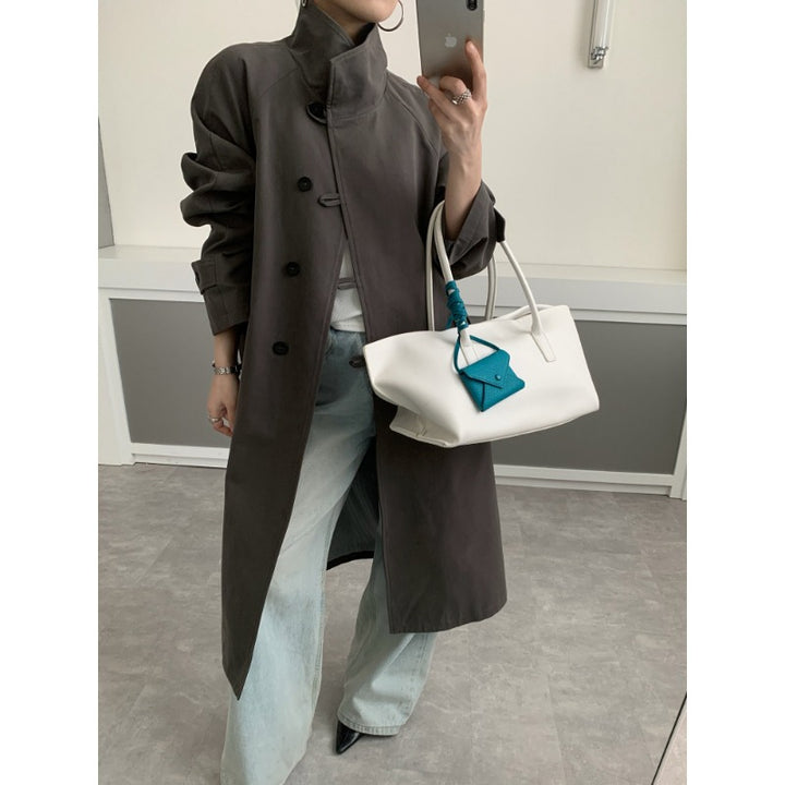 Damen Midilanger Trenchcoat mit hohem Stehkragen, Bindegürtel und lässiger Oversize-Silhouette Echoarchiv