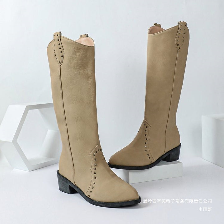 Damen kniehohe Veloursleder-Stiefel mit dekorativer Lochstanzung und mittlerem Blockabsatz Echoarchiv