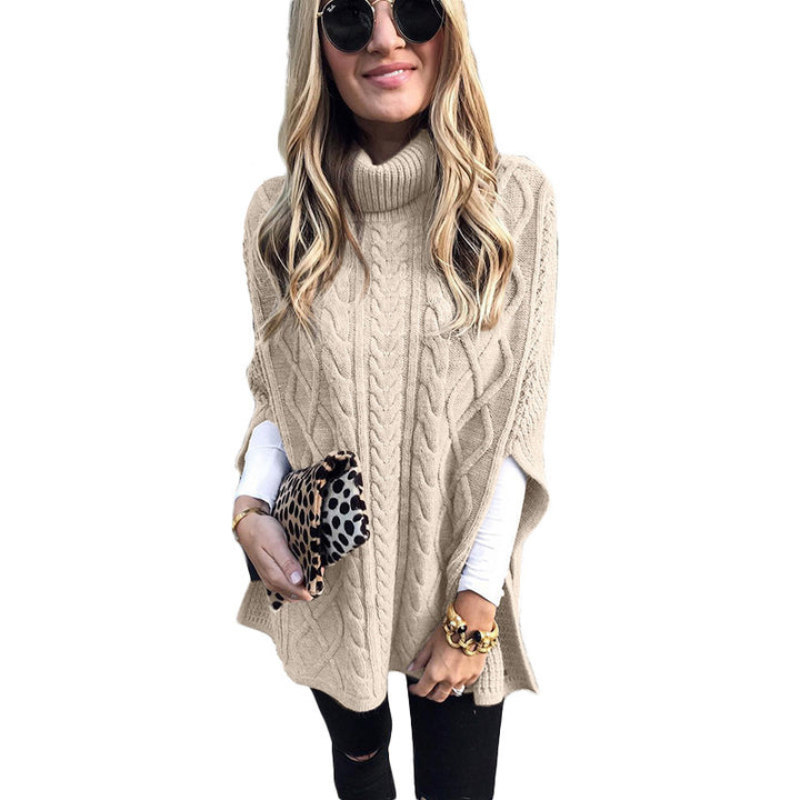 Damen nan kastiger Strickponcho mit hohem Rollkragen, Zopfstruktur und seitlichen Schlitzen Echo Archiv