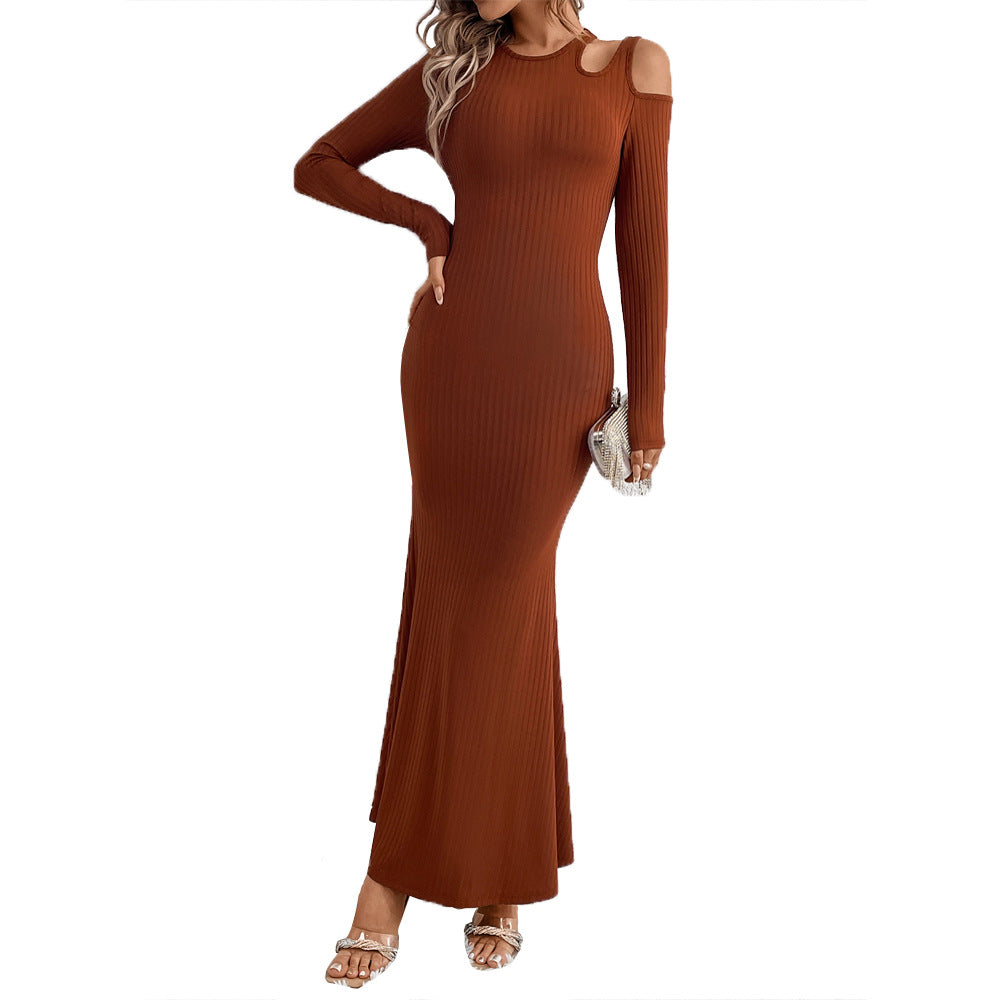Damen geripptes Meerjungfrauen-Maxikleid mit Cold-Shoulder Cutouts, sculptender Passform und ausgestelltem Saum – Valéora