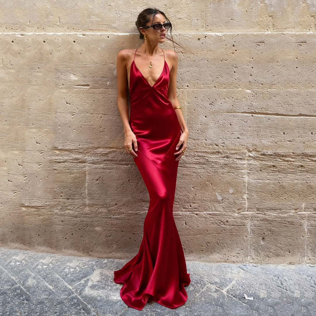 Damen elegantes Maxikleid mit tiefem V-Ausschnitt und fließendem Stoff Echo Archiv