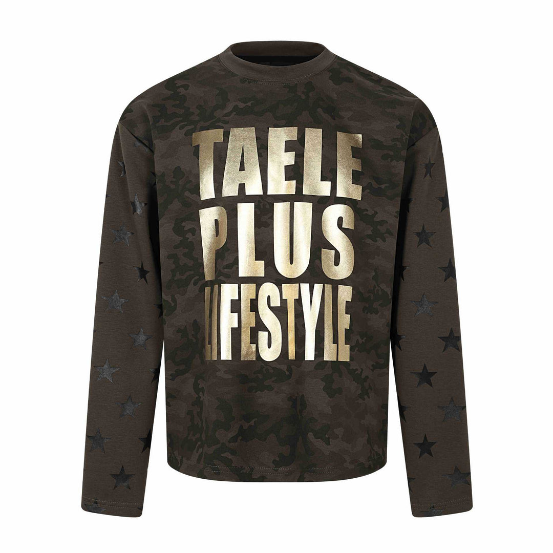 Unisex Oversize Sweatshirt mit Camouflage-Print, Sternärmel-Applikation und großflächigem Metallic-Print Echoarchiv
