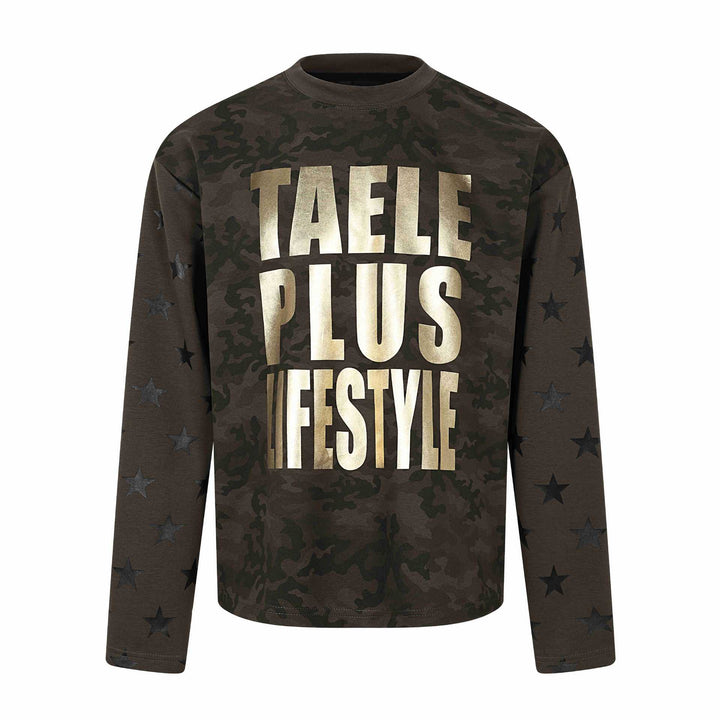 Unisex Oversize Sweatshirt mit Camouflage-Print, Sternärmel-Applikation und großflächigem Metallic-Print Echoarchiv