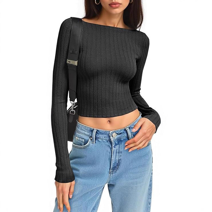 Damen Tailliertes Ripp-Cropped-Longsleeve mit U-Boot-Ausschnitt und Stretch-Baumwollmix Echo Archiv