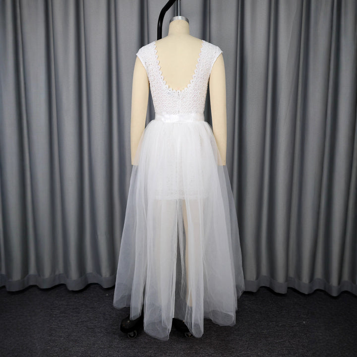 Damen Midi-Brautkleid mit verziertem Oberteil und transparentem Tüll Überrock Echo Archiv