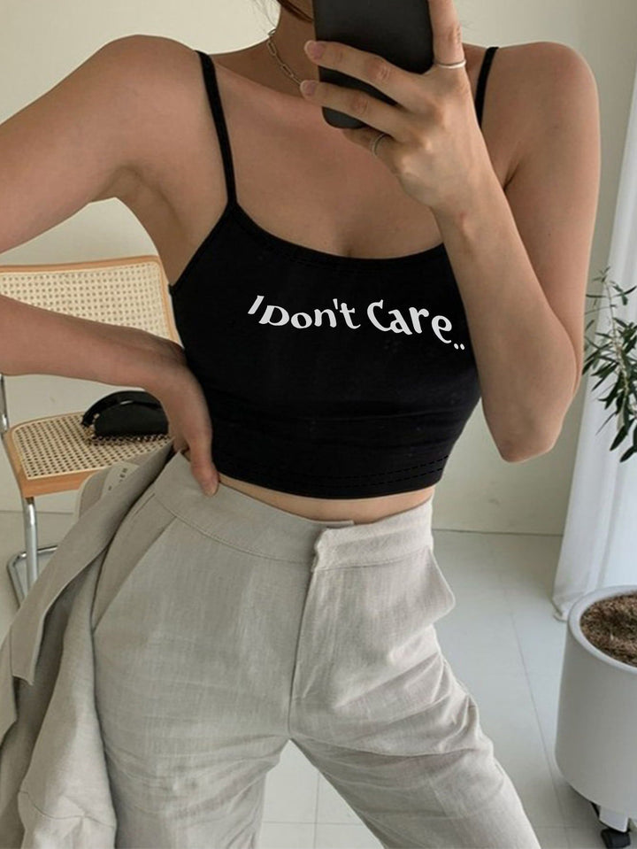 Damen Crop-Top mit kreativem Schriftzug und feinen Trägern Echo Archiv