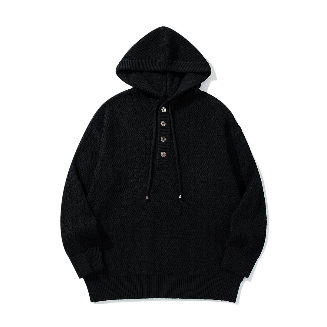 Unisex Strukturierter Kapuzen‑Strickpullover mit Henley‑Knopfleiste Echoarchiv