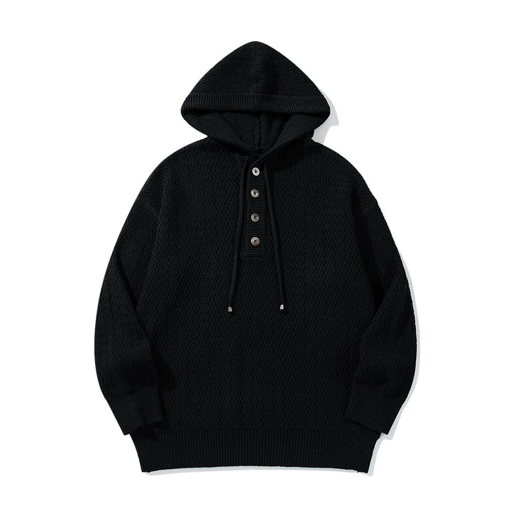 Unisex Strukturierter Kapuzen‑Strickpullover mit Henley‑Knopfleiste Echoarchiv